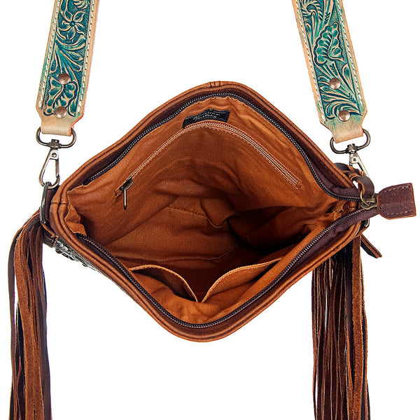 ADBG507 American Darling Large Cross body Bag - Hand Tooled Floral Leather & Western Fringe Crossbody