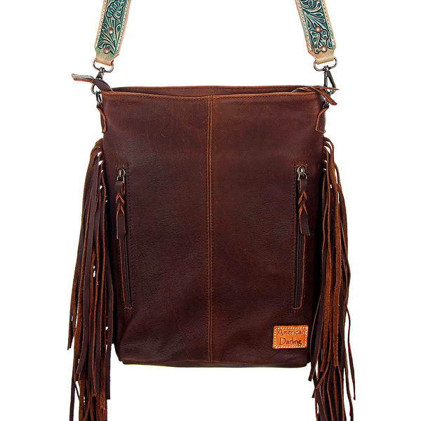ADBG507 American Darling Large Cross body Bag - Hand Tooled Floral Leather & Western Fringe Crossbody