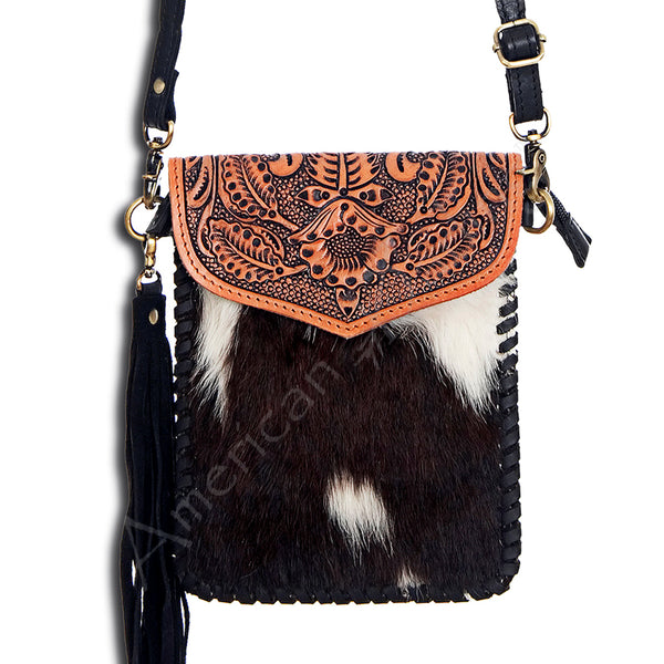 ADBGD115 American Darling Hand Tooled Floral & Hair-On Cowhide Cross body Bag with Tassels