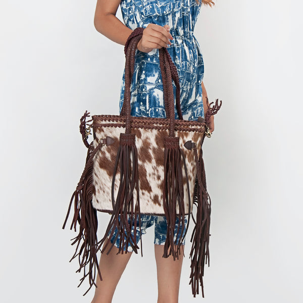 ADBGD117 American Darling Hair-On Cowhide Tote Bag with Fringes & Braided Handles