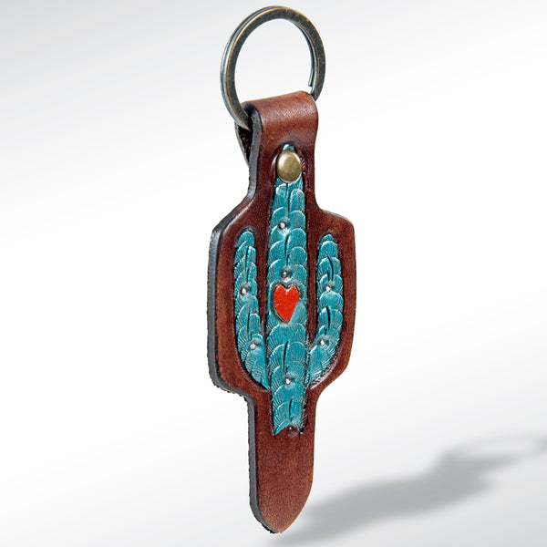 LC-ADKR145 Tooled Leather Cactus Keyring with Heart Accent Western Style
