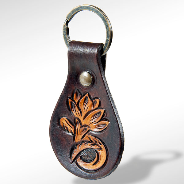 LC-ADKR150 Tooled Leather Keyring Floral Bloom Design in Dark Brown