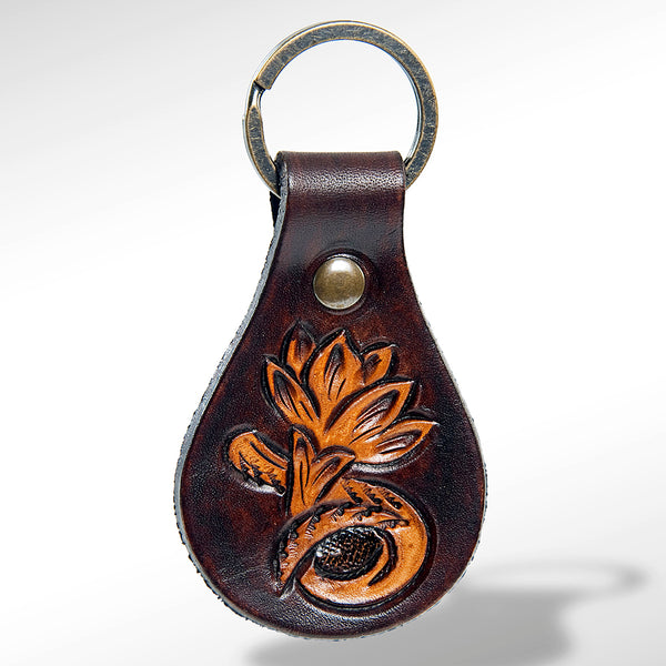 LC-ADKR150 Tooled Leather Keyring Floral Bloom Design in Dark Brown