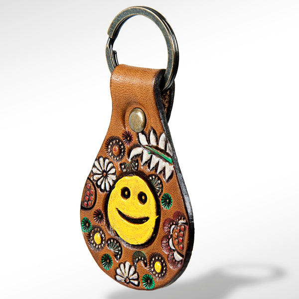 LC-ADKR152 Tooled Leather Keyring Smiley Face & Floral Design