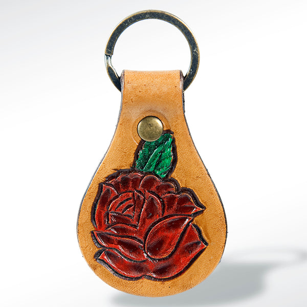 LC-ADKR157 Tooled Leather Keyring Red Flower Design