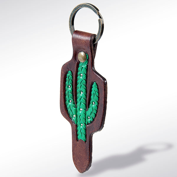 LC-ADKR161 Tooled Leather Green Cactus Keyring Western Saguaro Design