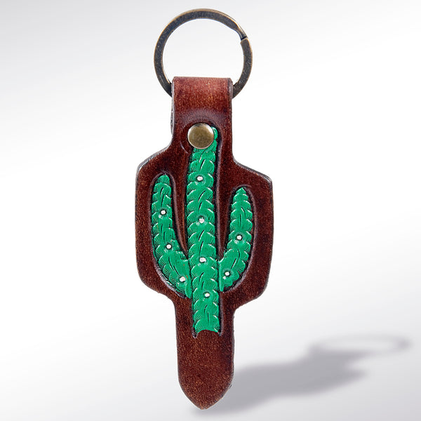 LC-ADKR161 Tooled Leather Green Cactus Keyring Western Saguaro Design