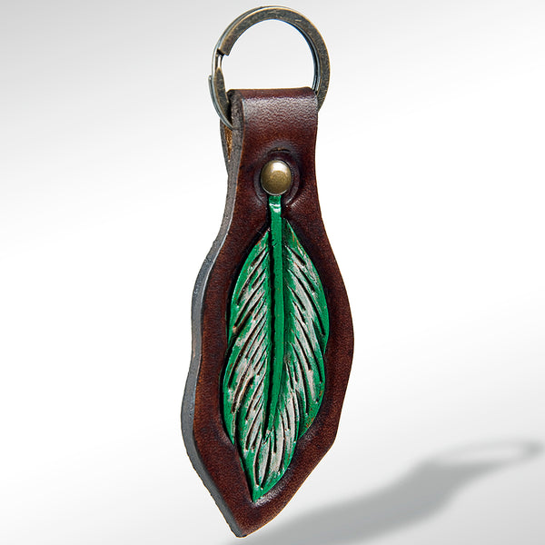 LC-ADKR162 Tooled Leather Feather Keyring Green & White Western Design