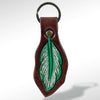 LC-ADKR162 Tooled Leather Feather Keyring Green & White Western Design