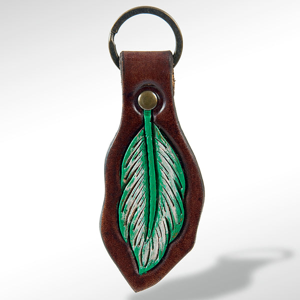 LC-ADKR162 Tooled Leather Feather Keyring Green & White Western Design