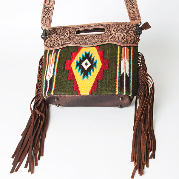 ADBG496 American DarlingAztec Wool Crossbody Bag with Hand Tooled Leather & Fringe