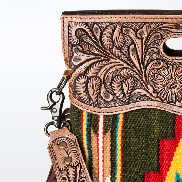 ADBG496 American DarlingAztec Wool Crossbody Bag with Hand Tooled Leather & Fringe