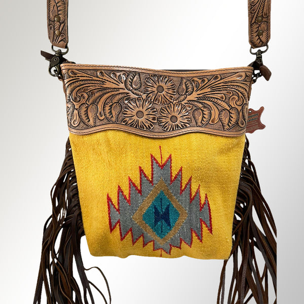 ADBG510 American Darling Tooled Leather & Saddle Blanket Crossbody Bag Western Fringe Purse