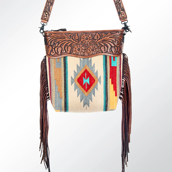 ADBG510 Tooled Leather & Saddle Blanket Crossbody Bag Belle Western Fringe Purse by American Darling
