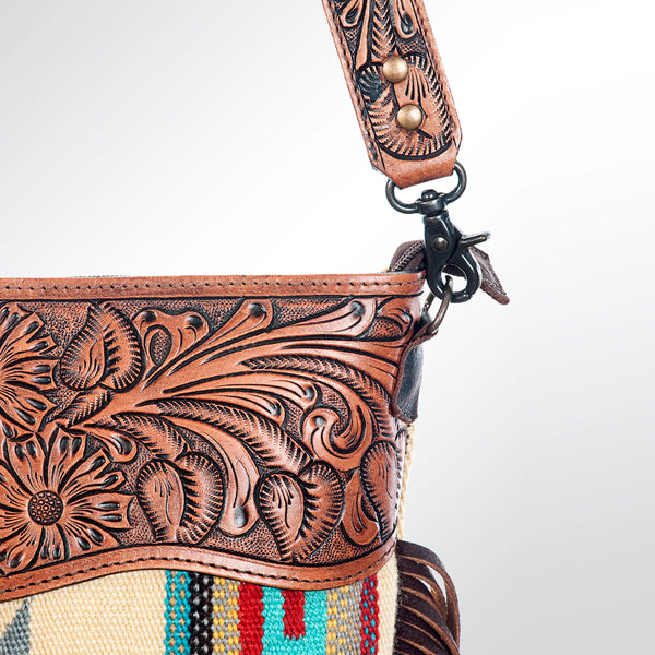 ADBG510 Tooled Leather & Saddle Blanket Crossbody Bag Belle Western Fringe Purse by American Darling