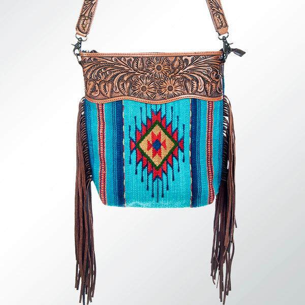 ADBG510 American Darling Tooled Leather & Saddle Blanket Crossbody Bag - Western Fringe Purse