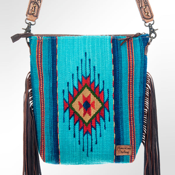 ADBG510 American Darling Tooled Leather & Saddle Blanket Crossbody Bag - Western Fringe Purse