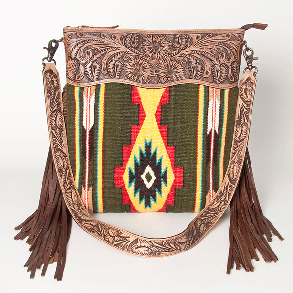 ADBG510 American Darling Tooled Leather & Saddle Blanket Crossbody Bag - Western Fringe Purse