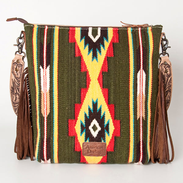 ADBG510 American Darling Tooled Leather & Saddle Blanket Crossbody Bag - Western Fringe Purse