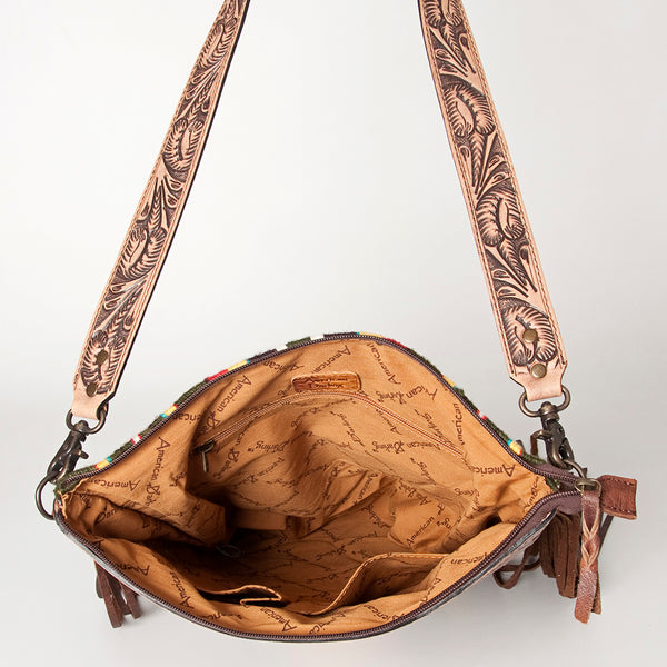 ADBG510 American Darling Tooled Leather & Saddle Blanket Crossbody Bag - Western Fringe Purse
