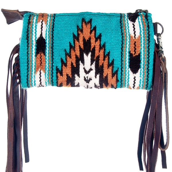 LC-ADBGZ178 Woven Wool & Tooled Leather Wristlet Crossbody with Fringe - Southwestern Style