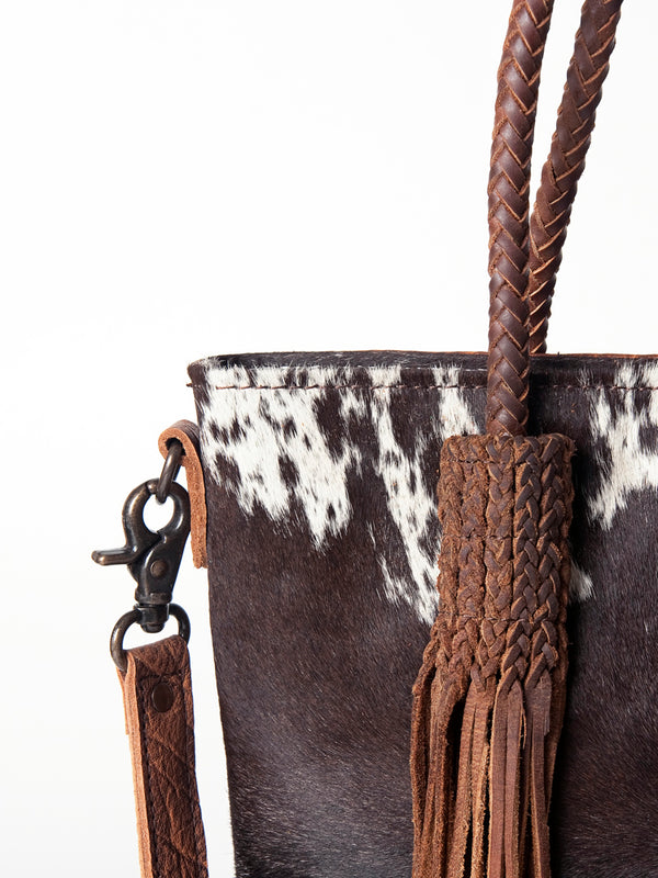 ADBG511BRW American Darling Genuine Cowhide Tote Bag with Braided Leather Fringe Straps Western Crossbody