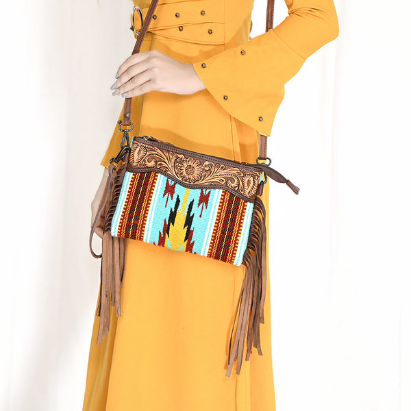 LC-ADBGZ183 Southwestern Wool Crossbody Bag with Tooled Leather & Fringe - Western Style Purse