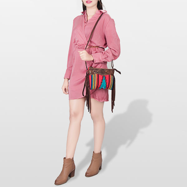 LC-ADBGZ183 Southwestern Wool Crossbody Bag with Tooled Leather & Fringe - Western Style Purse