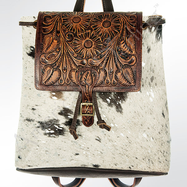 LC-ADBGZ101ACSL Speckled Cowhide Backpack with Hand-Tooled Leather Flap - Western Rodeo Travel Bag