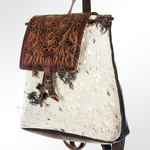 LC-ADBGZ101ACSL Speckled Cowhide Backpack with Hand-Tooled Leather Flap - Western Rodeo Travel Bag