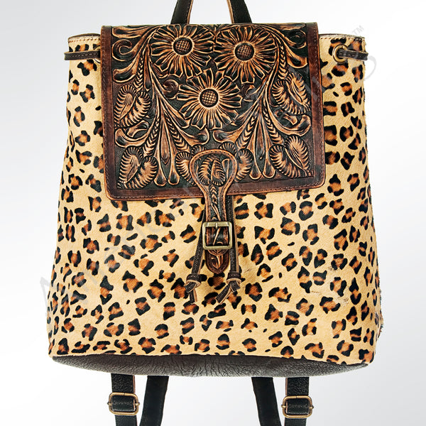 LC-ADBGZ101CHE Leopard Print Cowhide Backpack with Floral Tooled Leather Flap - Western Chic