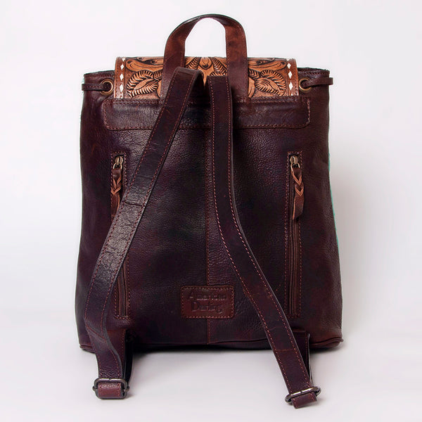LC-ADBGZ101TRQ Turquoise Acid-Wash Cowhide Backpack with Floral Tooled Leather Flap - Western Chic