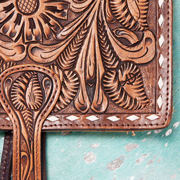 LC-ADBGZ101TRQ Turquoise Acid-Wash Cowhide Backpack with Floral Tooled Leather Flap - Western Chic