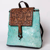 LC-ADBGZ101TRQ Turquoise Acid-Wash Cowhide Backpack with Floral Tooled Leather Flap - Western Chic