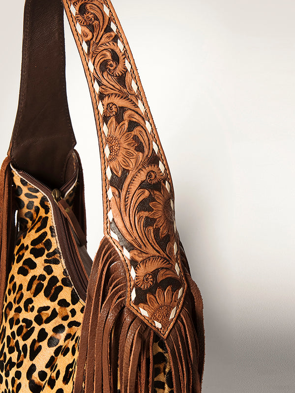 ADBGI112 Sage Western Hobo Bag - Genuine Leather with Tan Hair-On Hide & Tooled Strap