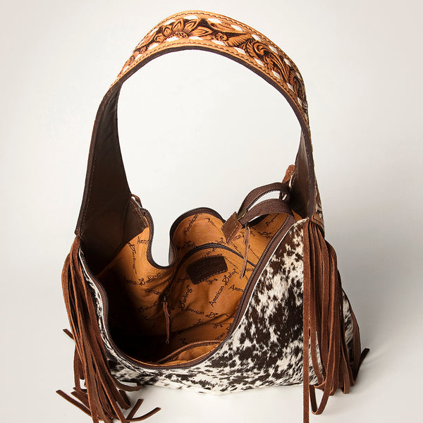 ADBGI112 Sage Western Hobo Bag - Genuine Leather with Tan Hair-On Hide & Tooled Strap