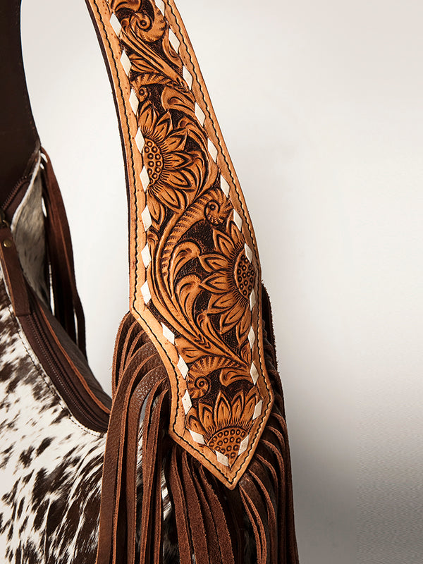 ADBGI112 Sage Western Hobo Bag - Genuine Leather with Tan Hair-On Hide & Tooled Strap