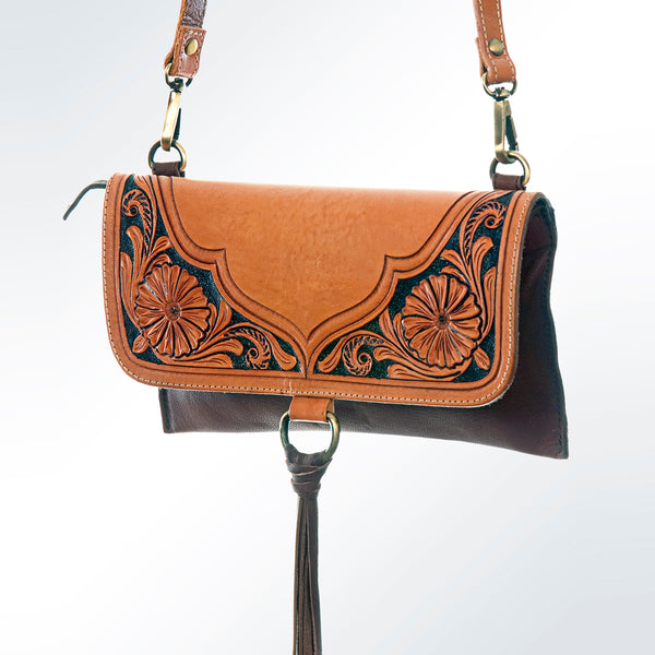 LC-ADBGI113 Western Leather Crossbody Bag - Tooled Floral Design with Fringe Tassel