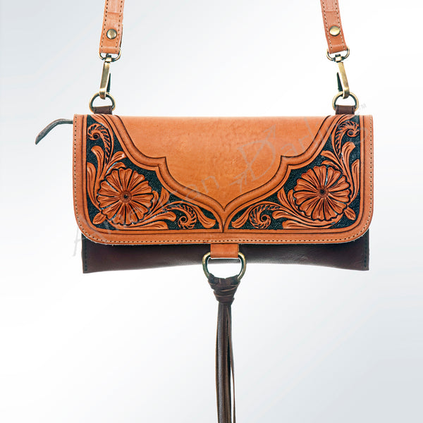 LC-ADBGI113 Western Leather Crossbody Bag - Tooled Floral Design with Fringe Tassel
