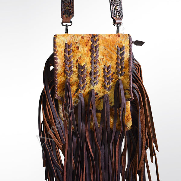 ADBG519 American Darling Hand Tooled Strap & Hair-On Cowhide Western Messenger Bag with Fringes