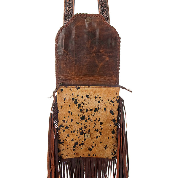 ADBG522 American Darling Hand Tooled Strap & Hair-On Cowhide Western Cross body Bag with Fringes