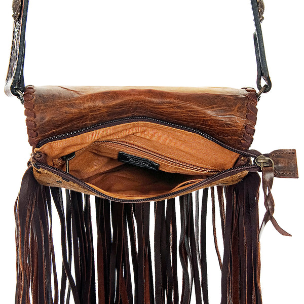 ADBG522 American Darling Hand Tooled Strap & Hair-On Cowhide Western Cross body Bag with Fringes