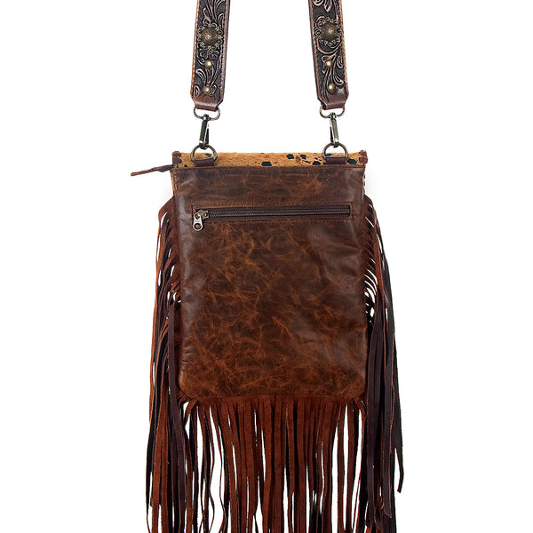 ADBG522 American Darling Hand Tooled Strap & Hair-On Cowhide Western Cross body Bag with Fringes