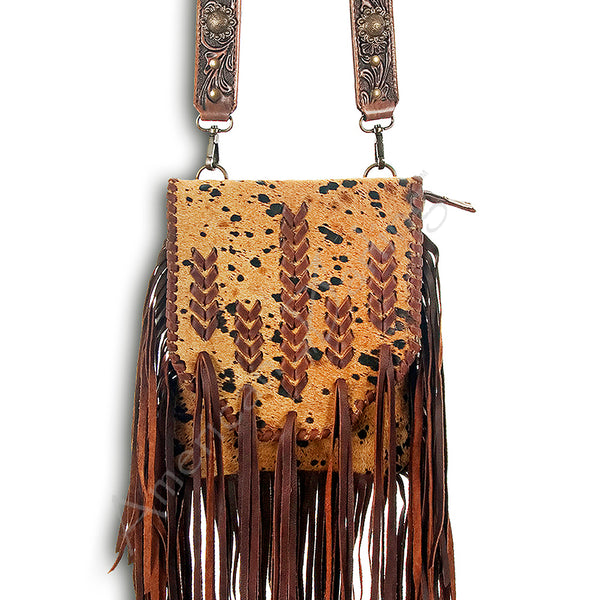 ADBG522 American Darling Hand Tooled Strap & Hair-On Cowhide Western Cross body Bag with Fringes