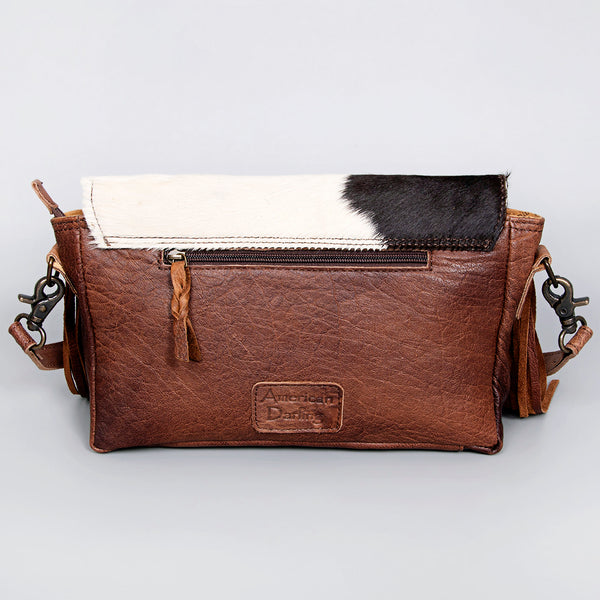 ADBG524 American Darling Hair-On Cowhide Leather Fringe Crossbody with Hand-Tooled Floral Flap