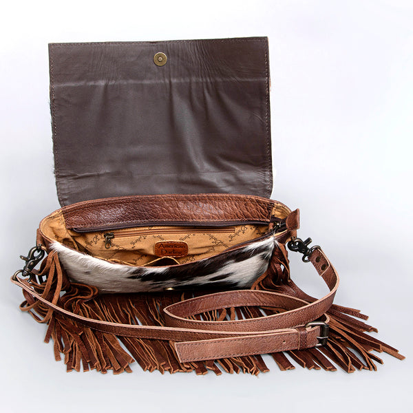ADBG524 American Darling Hair-On Cowhide Leather Fringe Crossbody with Hand-Tooled Floral Flap