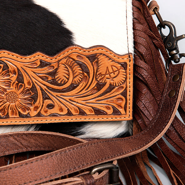 ADBG524 American Darling Hair-On Cowhide Leather Fringe Crossbody with Hand-Tooled Floral Flap