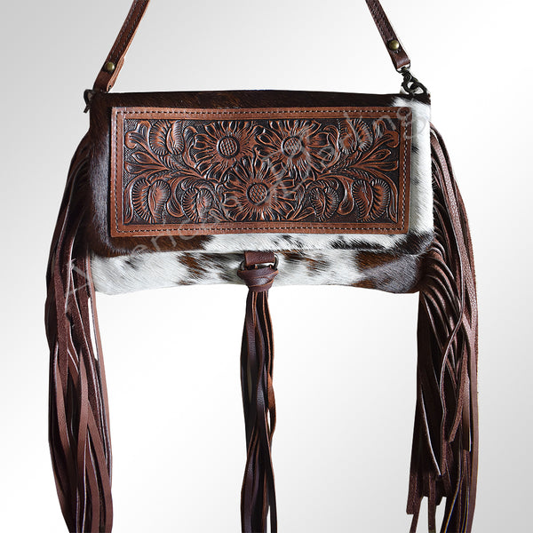 ADBG526 American Darling Hand Tooled Floral Leather & Hair-On Cowhide Western Crossbody Bag with Fringes