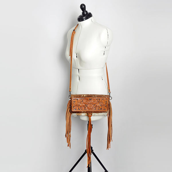 ADBG526 American Darling Hand Tooled Floral Leather & Hair-On Cowhide Western Crossbody Bag with Fringes