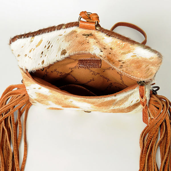 ADBG526 American Darling Hand Tooled Floral Leather & Hair-On Cowhide Western Crossbody Bag with Fringes